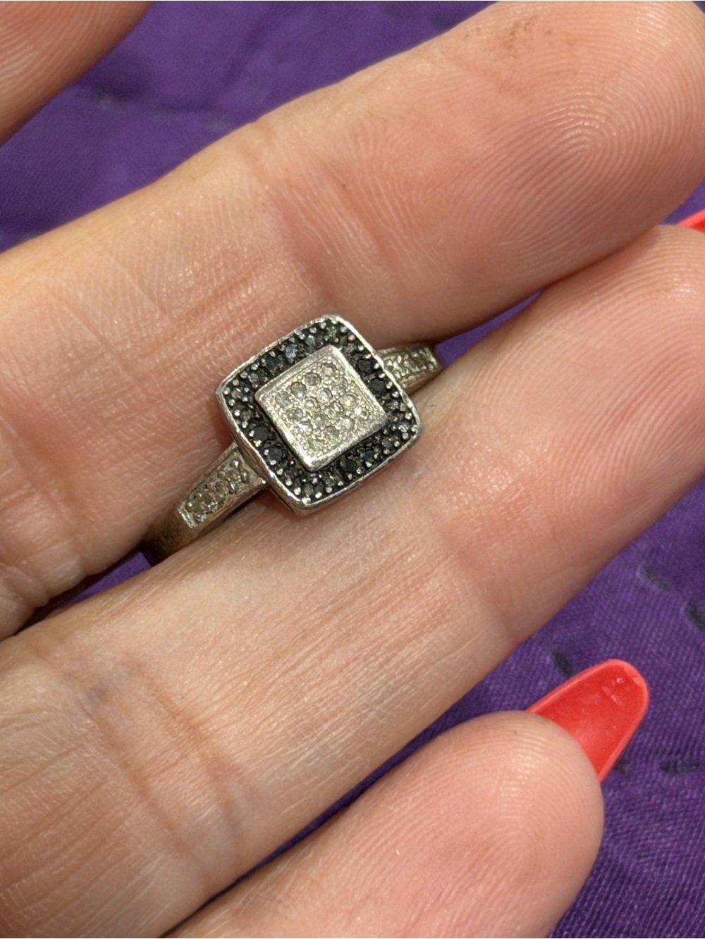 925 Sterling Silver HN Black & White Cubic Zirconia Square Halo Ring